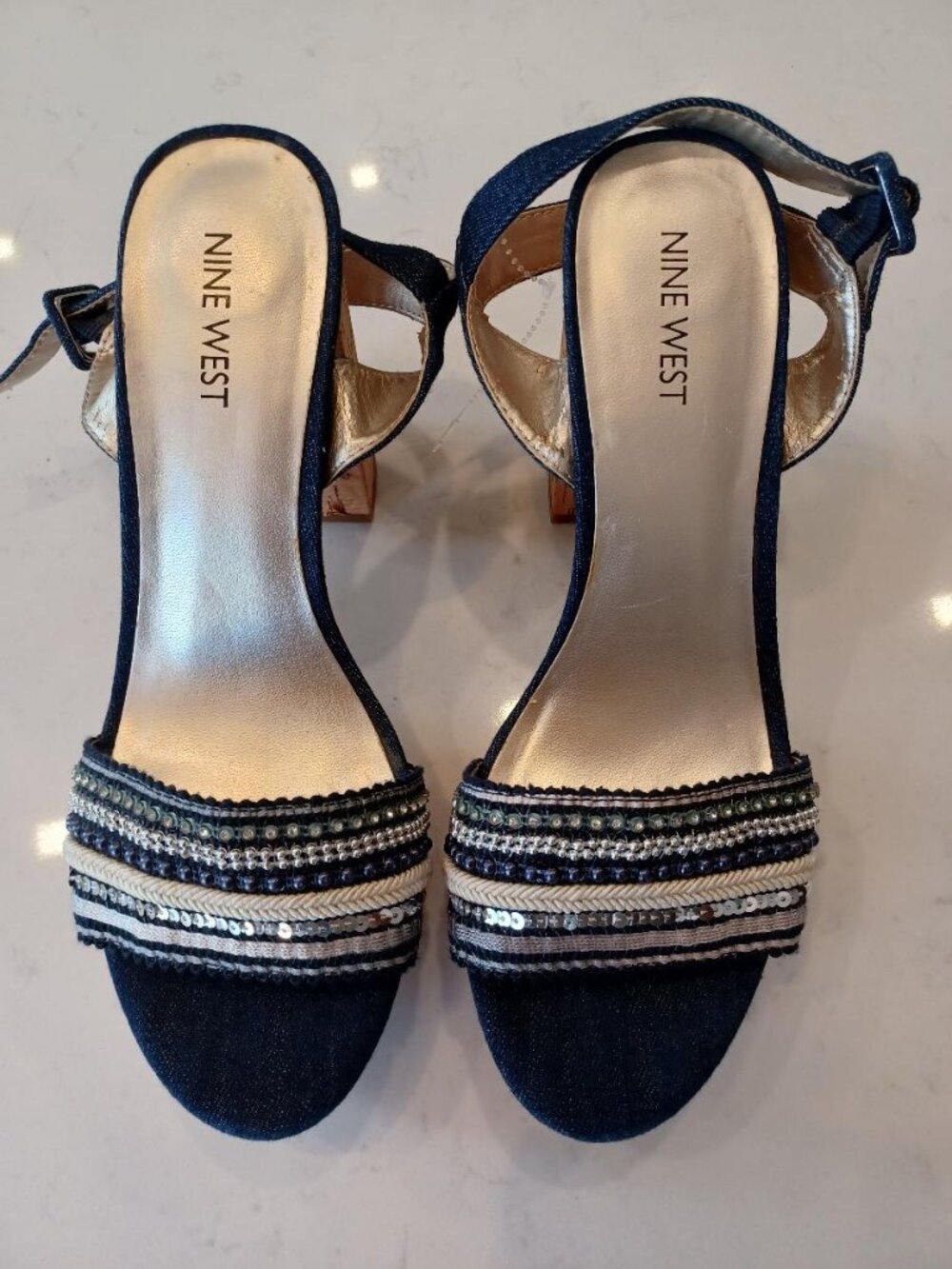 Nine West Blue Denim High Heel Sandal 7.5 Multi Row Beads Braided Strap Open Toe